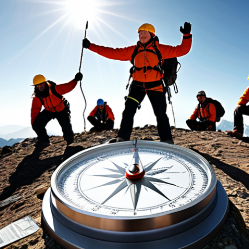 Home 4 **
A mountain climber reaching the summit, representing an organization achieving its mission. Below, a diverse group of employees are working harmoniously, radiating passion and energy. A compass is subtly overlaid, pointing towards the mission.
**